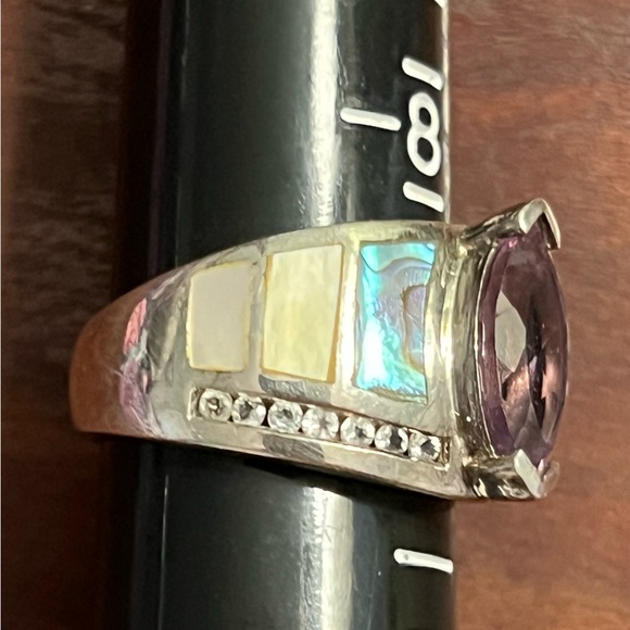Sterling Silver 925 Marquis Amethyst Abalone Inlay Whitney Kelly Ring EC 9 #331 - Picture 9 of 12
